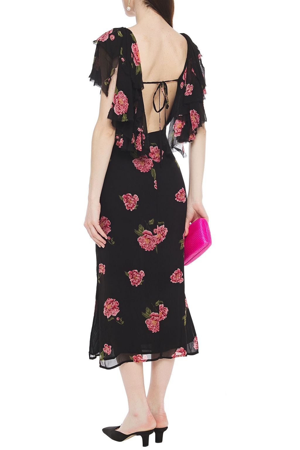 REFORMATION Midikleid aus Georgette mit floralem Print und Rüschen