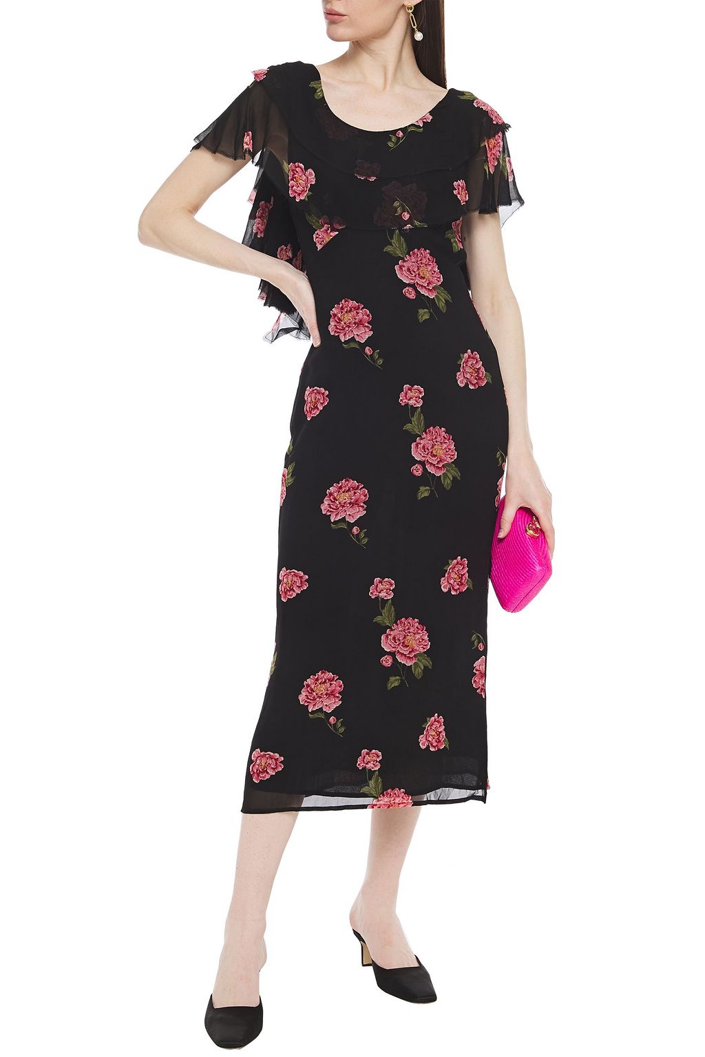 REFORMATION Midikleid aus Georgette mit floralem Print und Rüschen