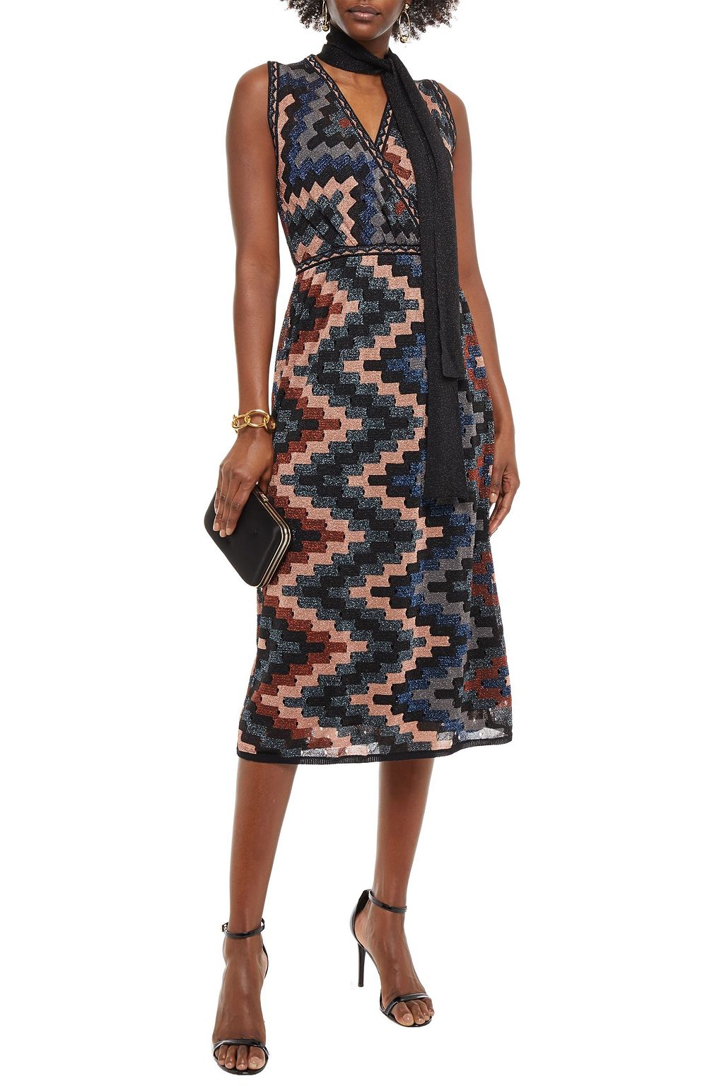 M MISSONI Tie-neck metallic open-knit midi dress
