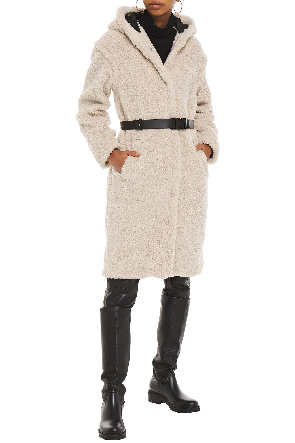 BA&SH Flilip belted faux shearling hooded coat