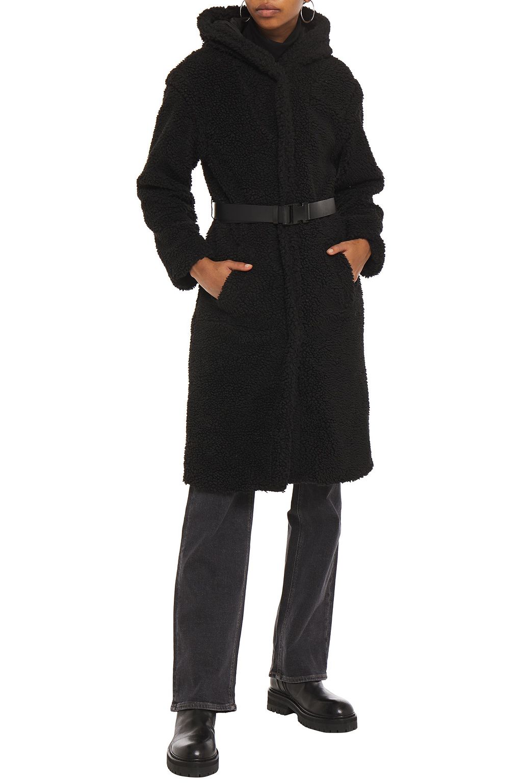 BA&SH Belted faux shearling hooded coat