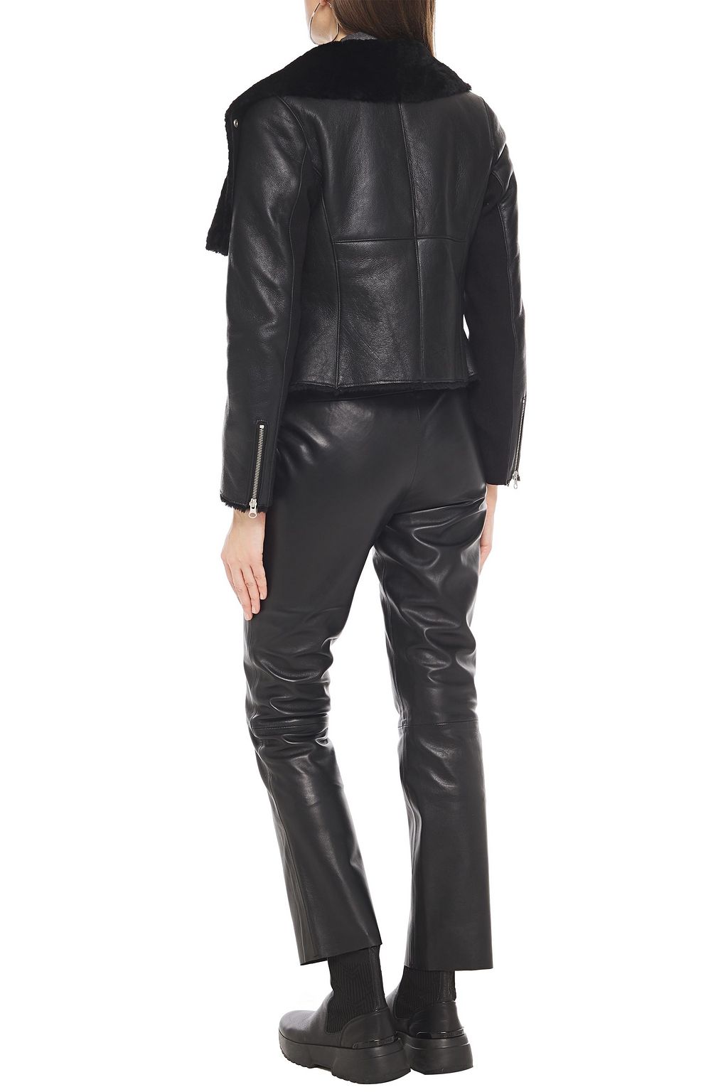 MUUBAA Ribbed knit-paneled shearling biker jacket | THE OUTNET