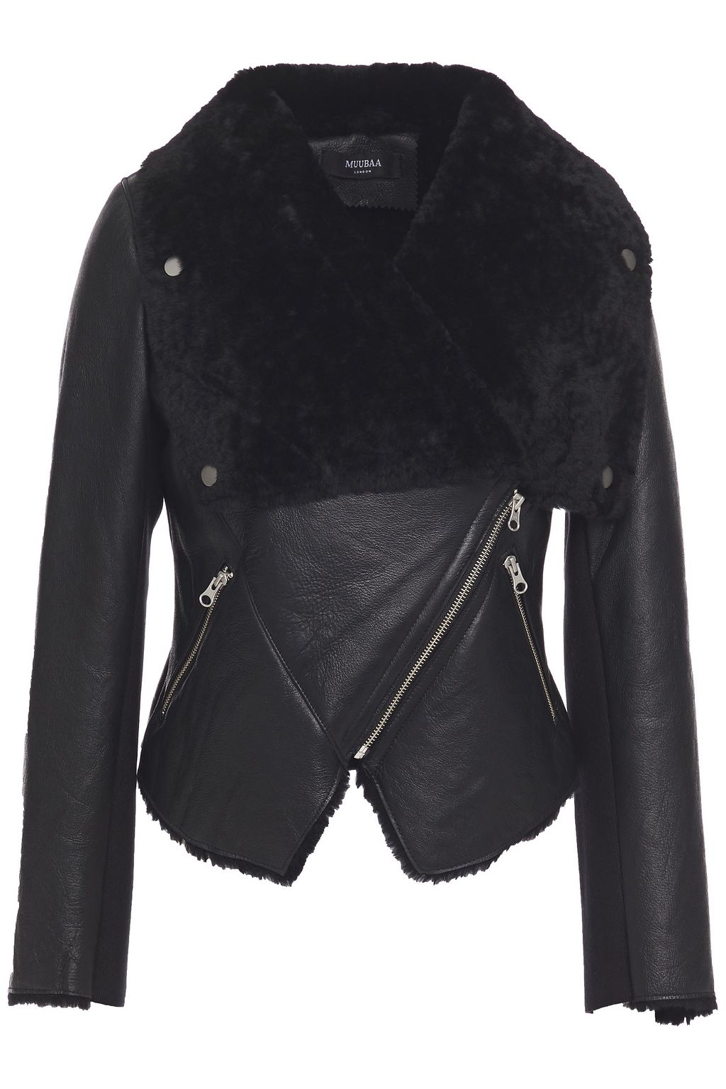 MUUBAA Ribbed knit-paneled shearling biker jacket | THE OUTNET