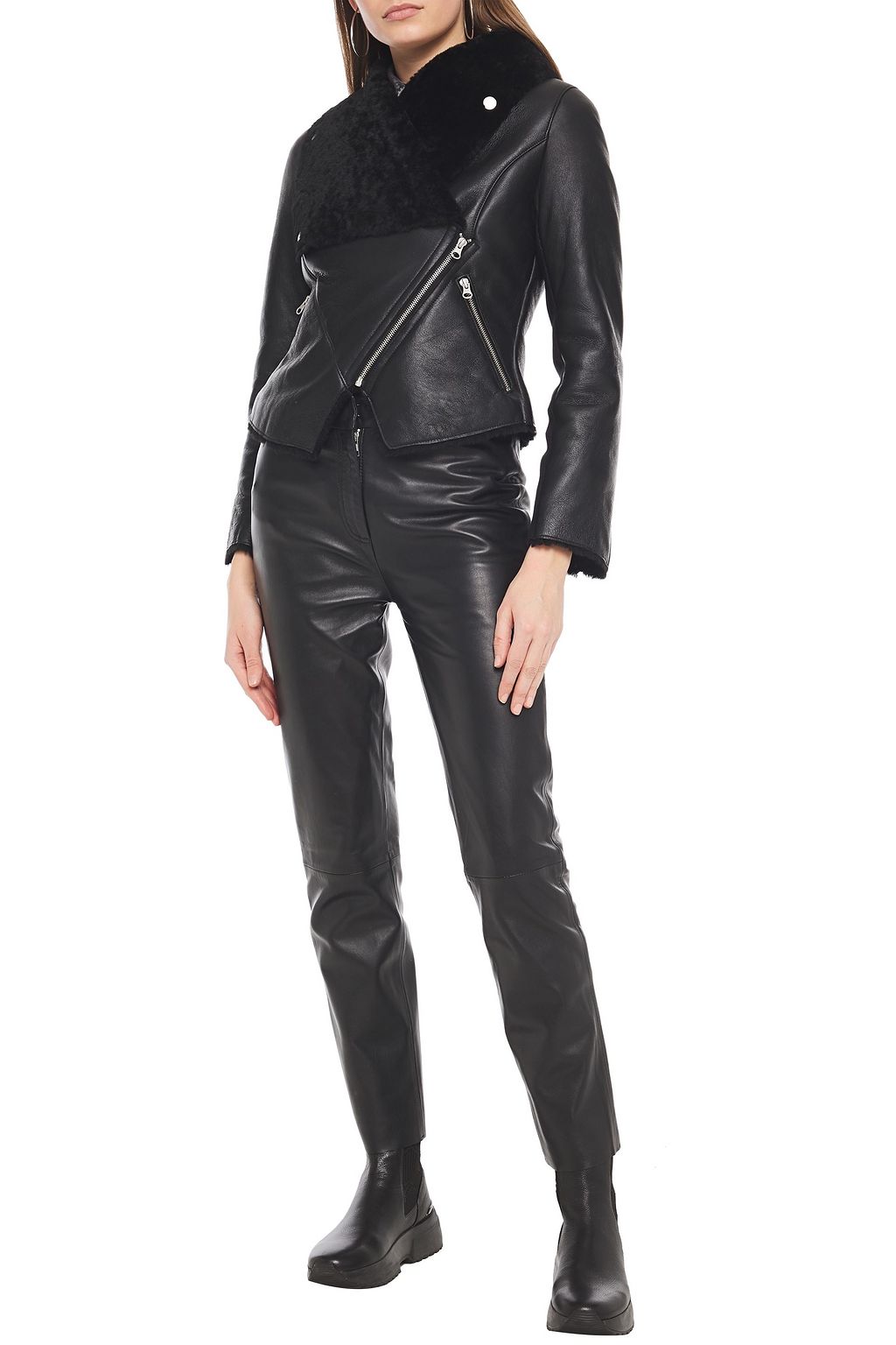 MUUBAA Ribbed knit-paneled shearling biker jacket