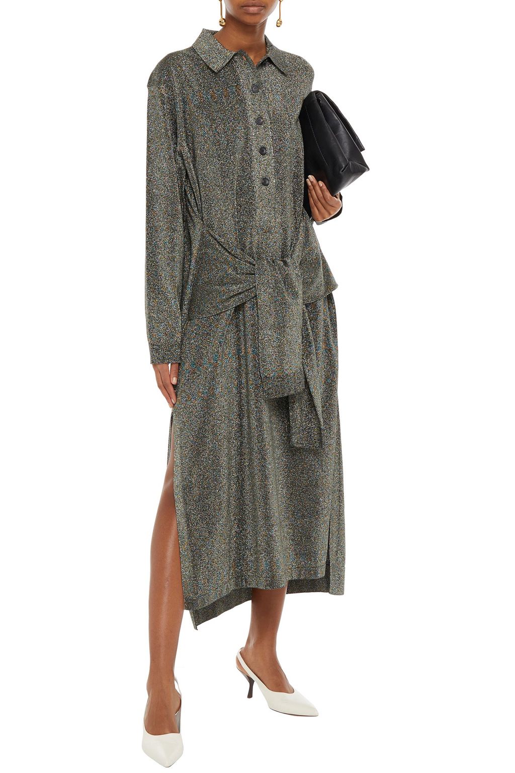 LANVIN Tie-front cotton-blend lamé midi dress