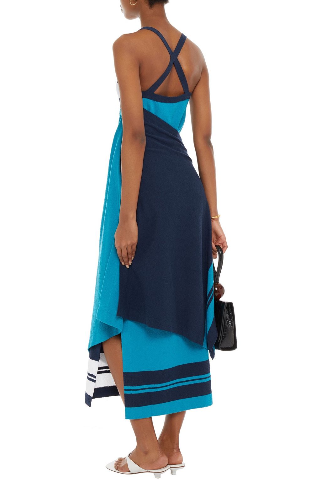 LANVIN Draped striped bouclé-knit cotton-blend midi dress