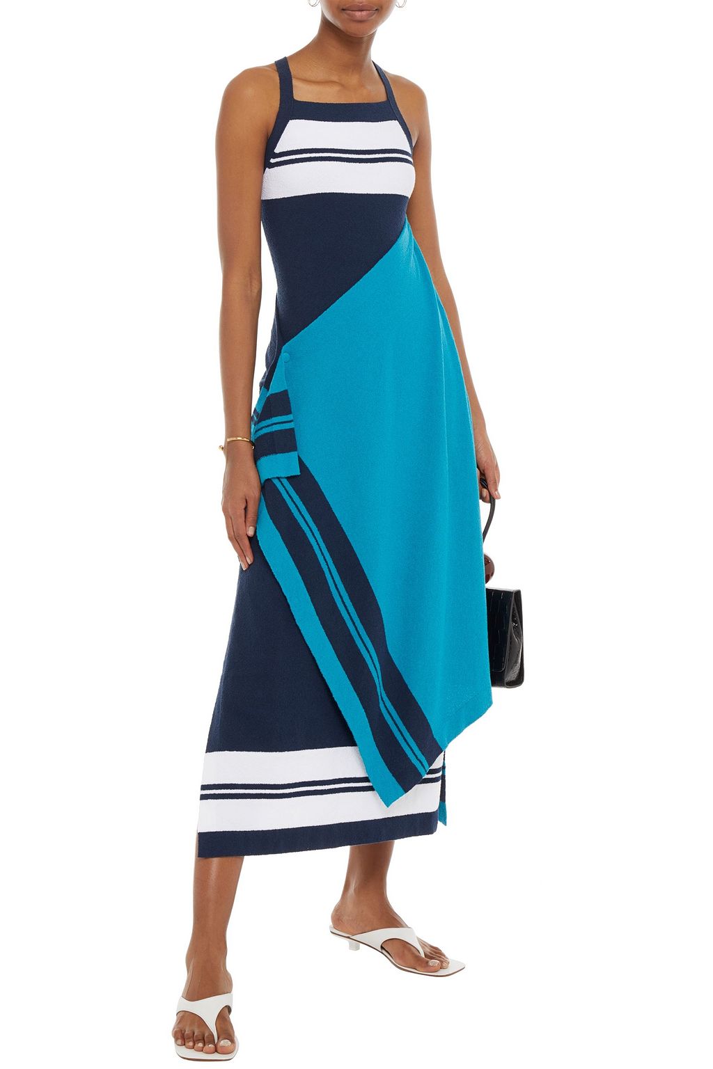 LANVIN Draped striped bouclé-knit cotton-blend midi dress