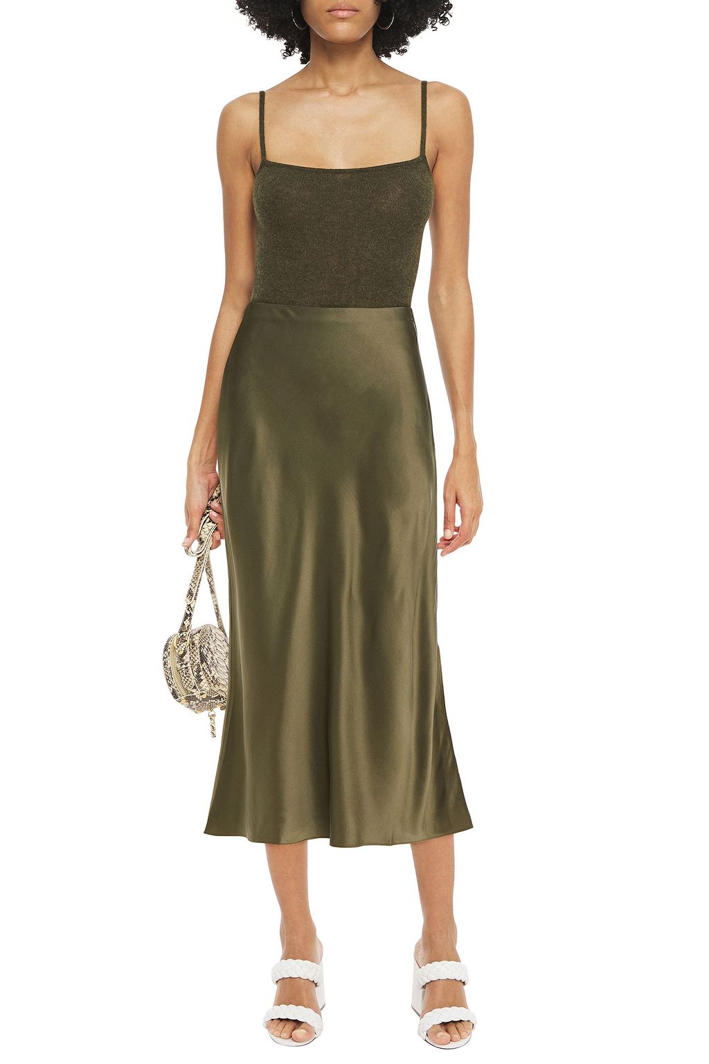 FRAME Fluted silk-satin midi skirt