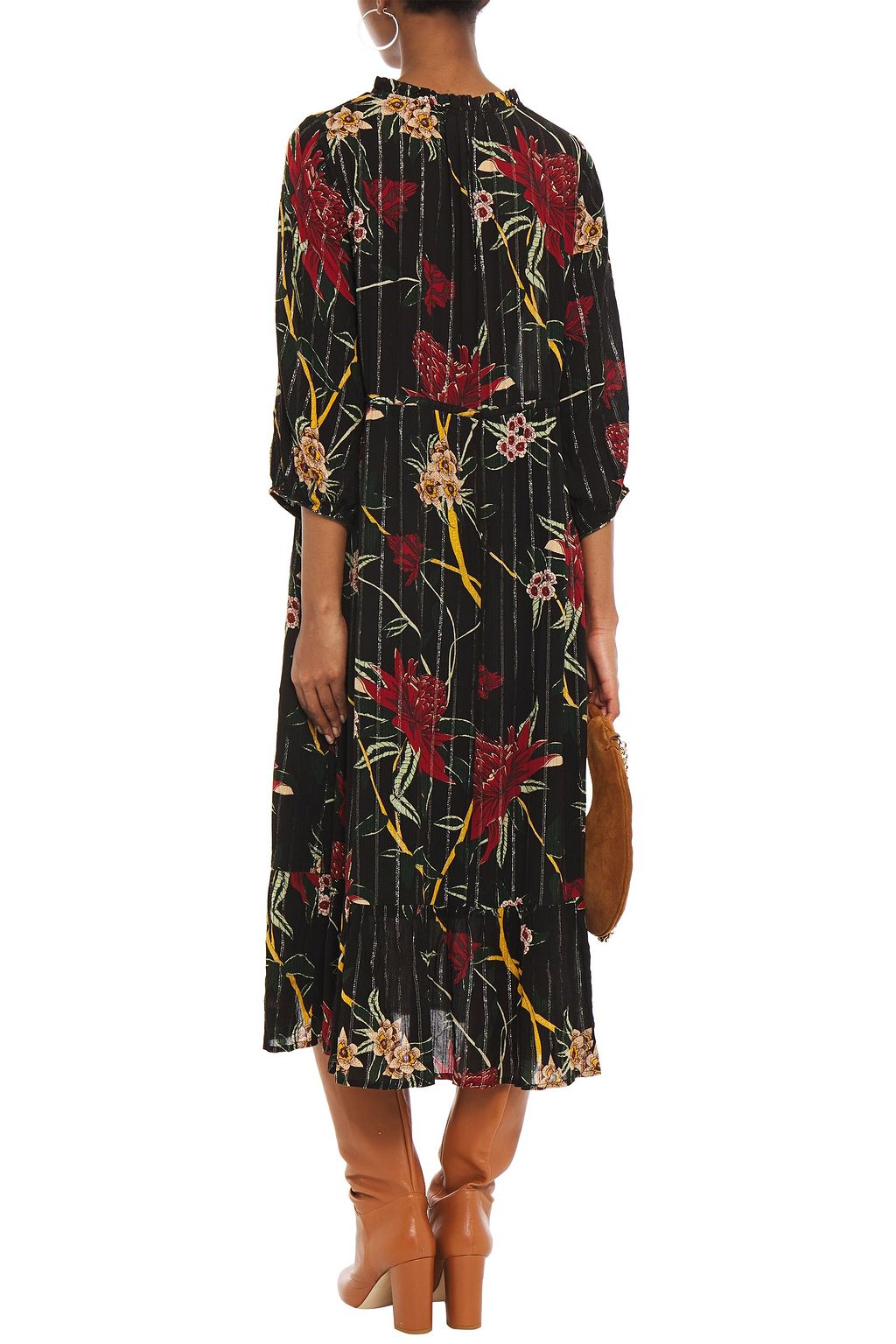 BA&SH Shirred metallic floral-print jacquard midi dress