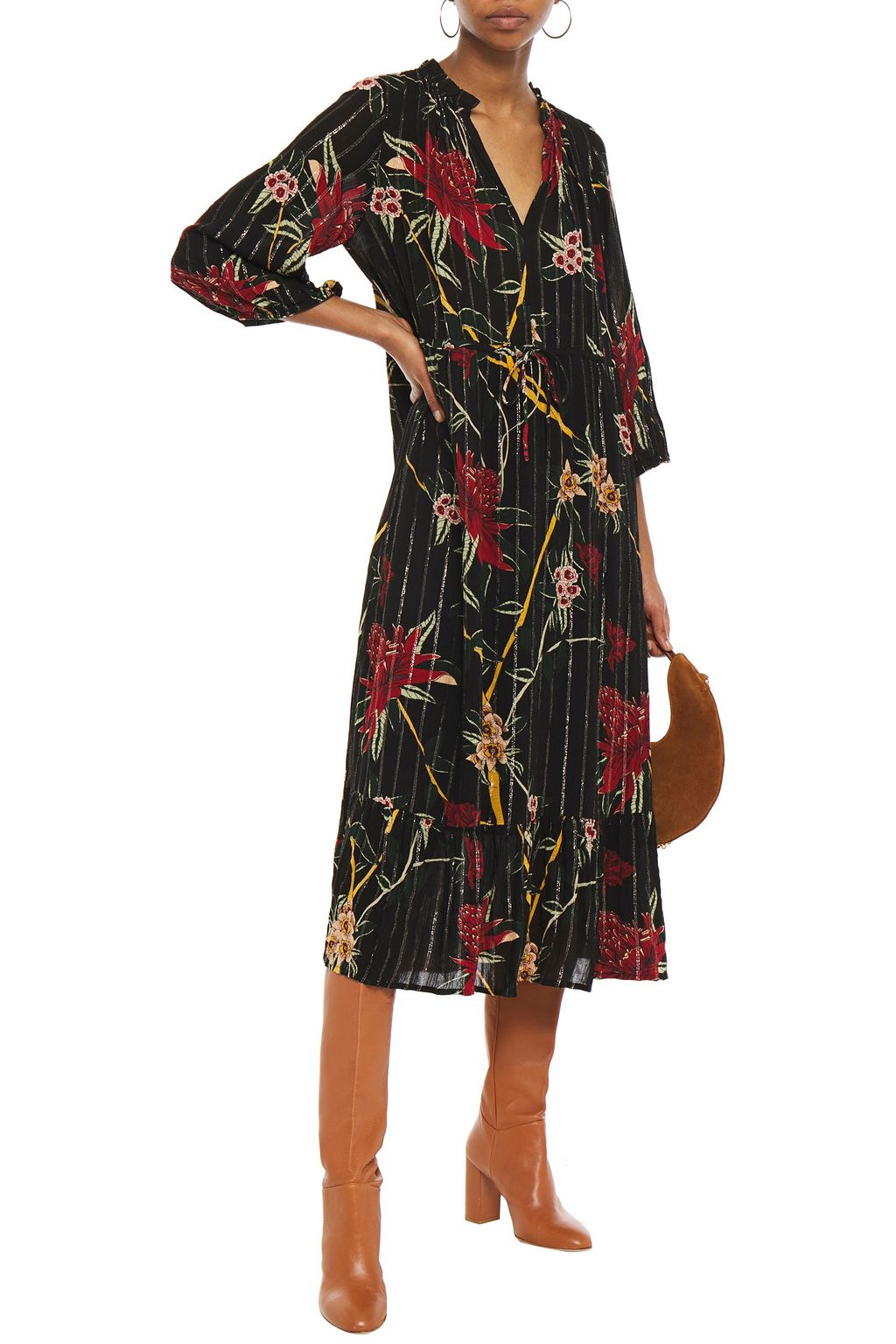 BA&SH Shirred metallic floral-print jacquard midi dress