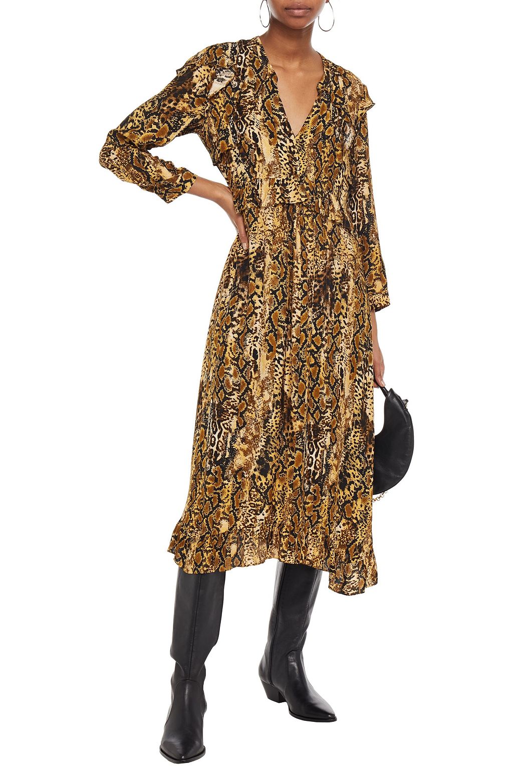 BA&SH Sahara ruffled snake-jacquard midi dress