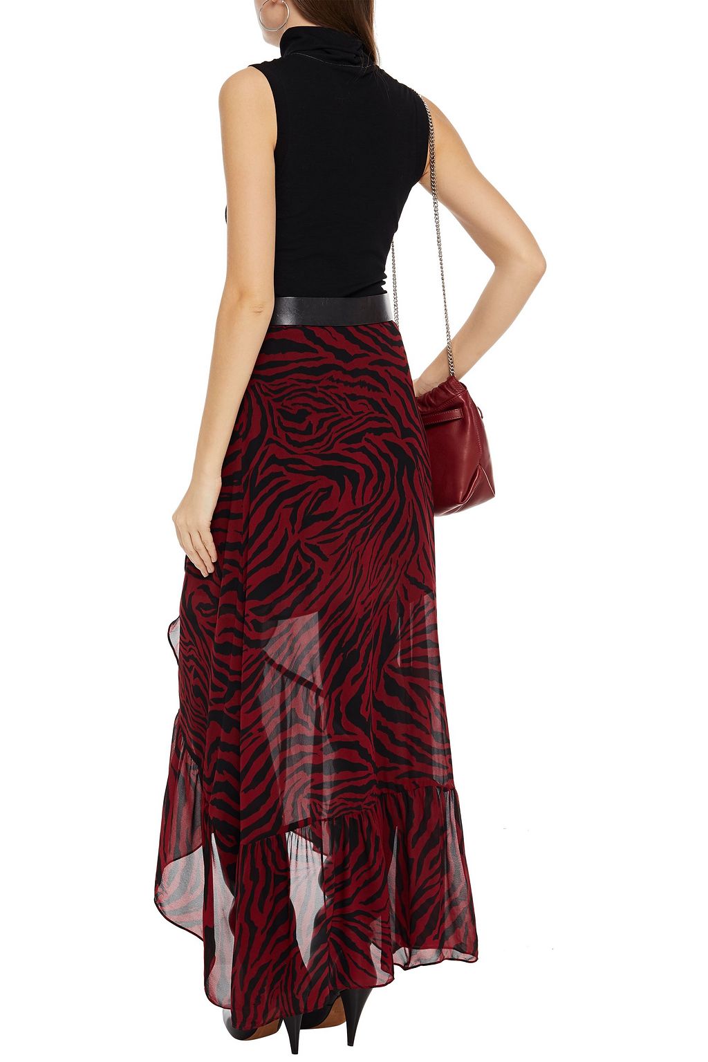 BA&SH Asymmetric ruffled zebra-print georgette midi skirt