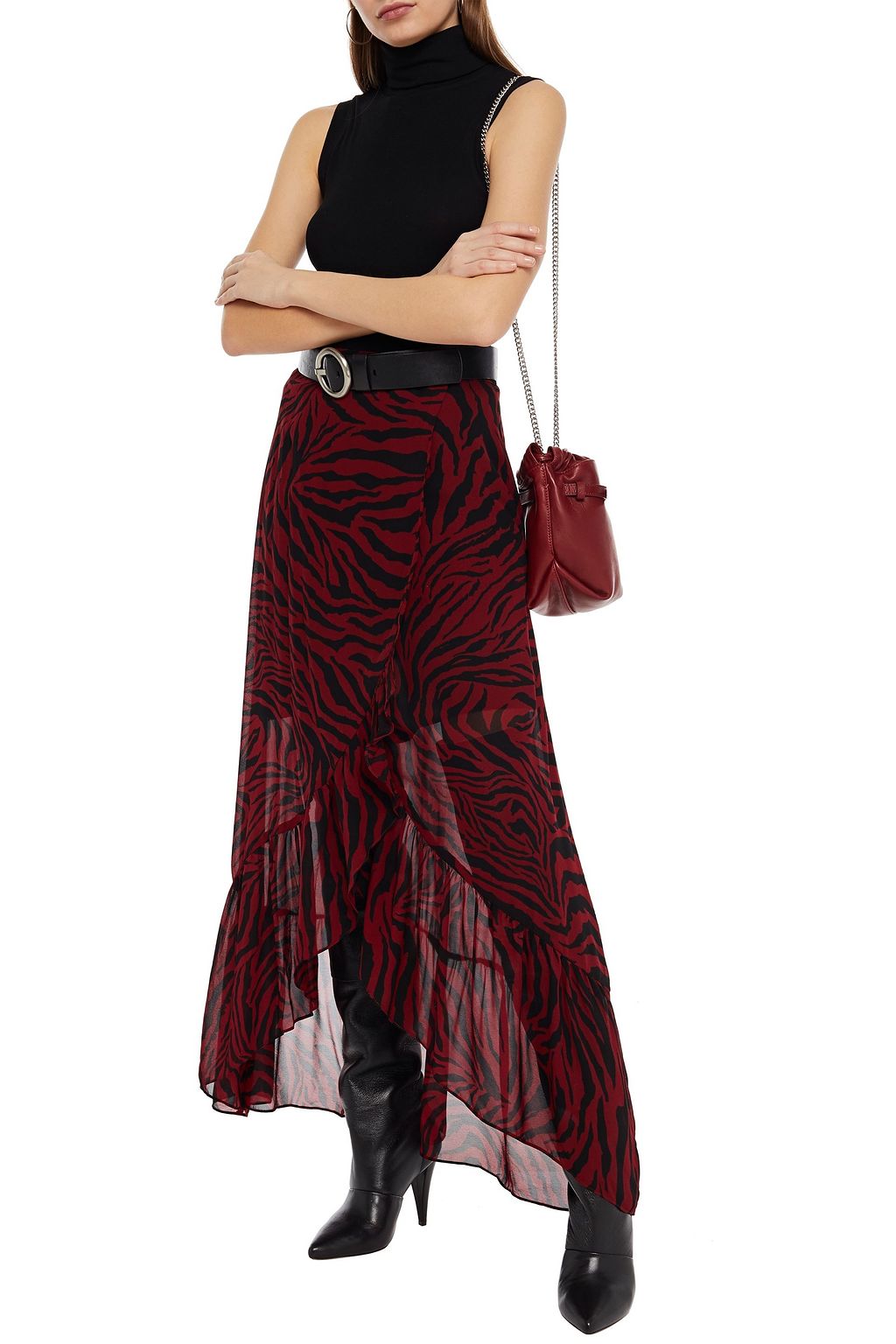 BA&SH Asymmetric ruffled zebra-print georgette midi skirt