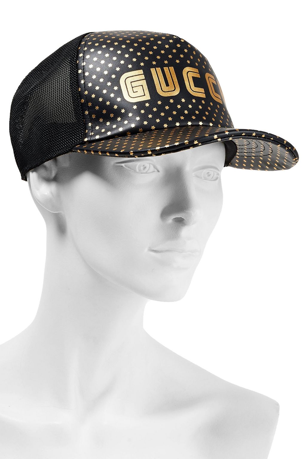 GUCCI メタリックプリントレザー&メッシュ ベースボールキャップ