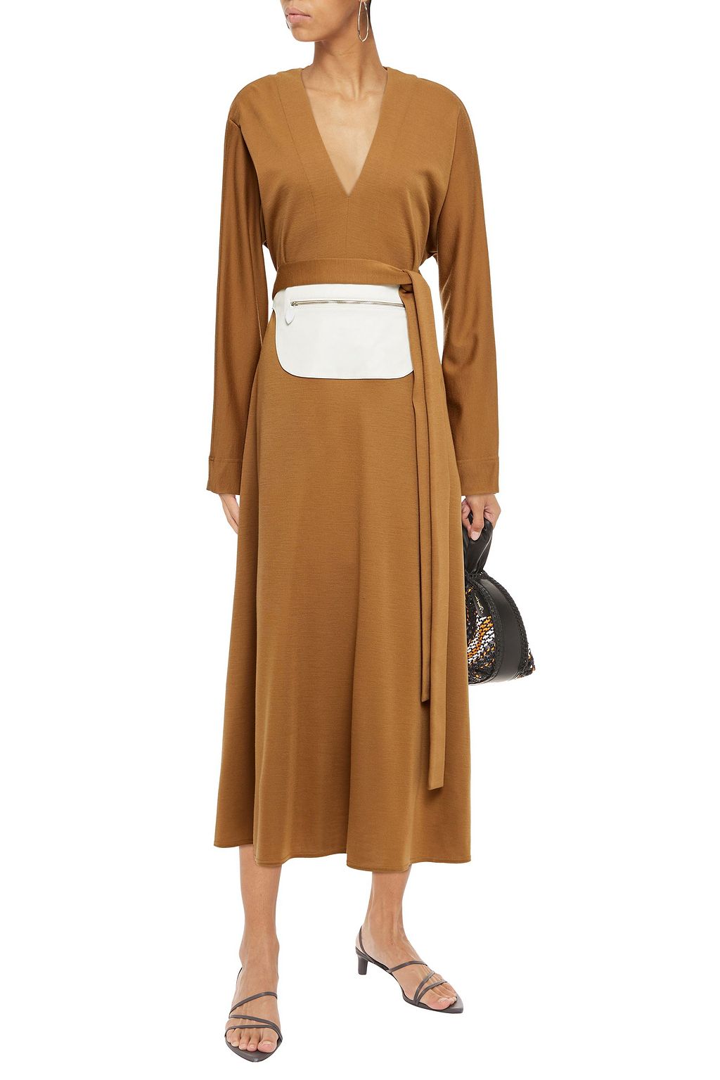 LANVIN Leather-paneled wool maxi dress