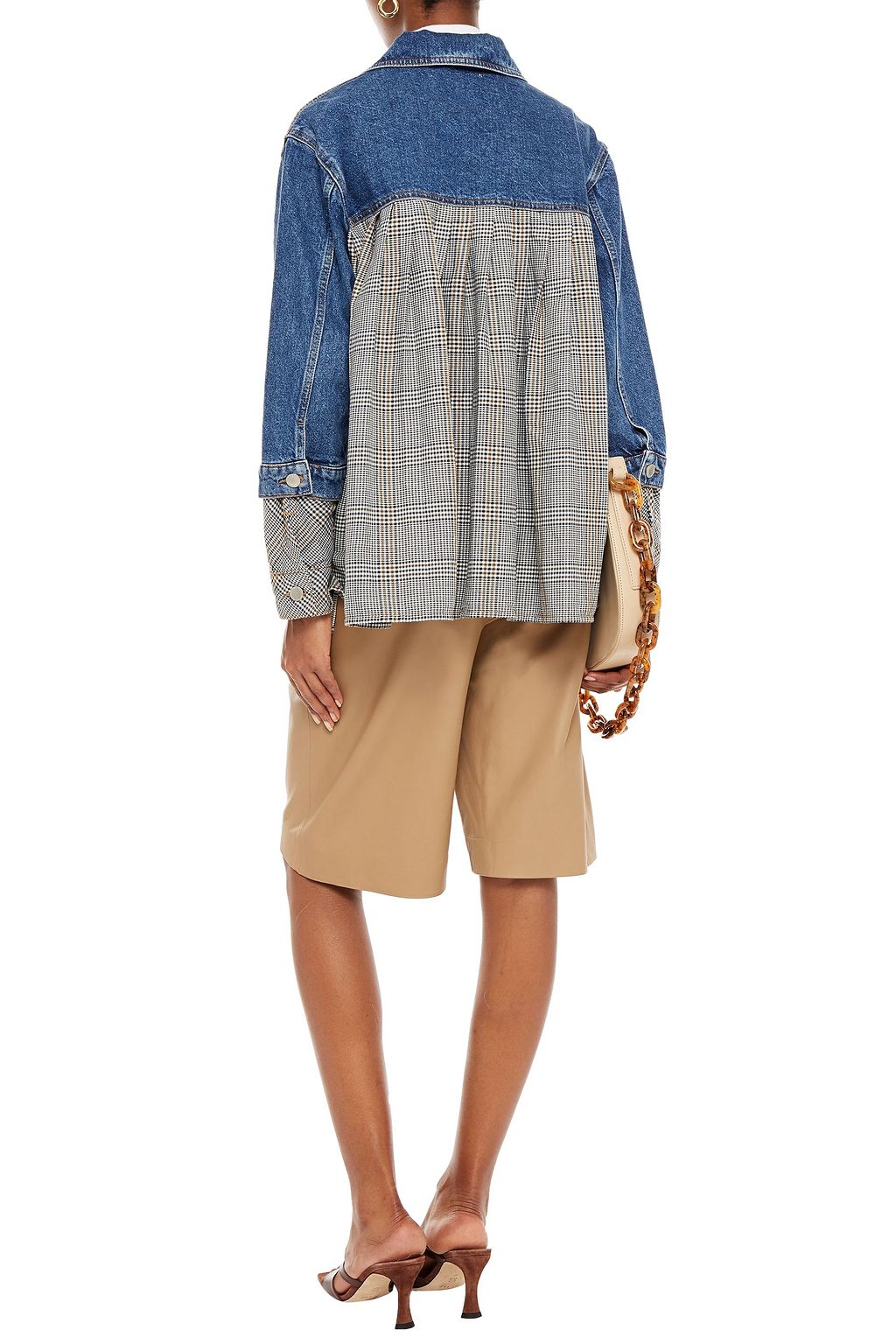 MAJE Checked woven-paneled denim jacket