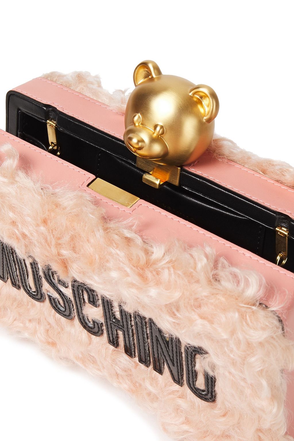 MOSCHINO Leather-trimmed faux shearling box clutch