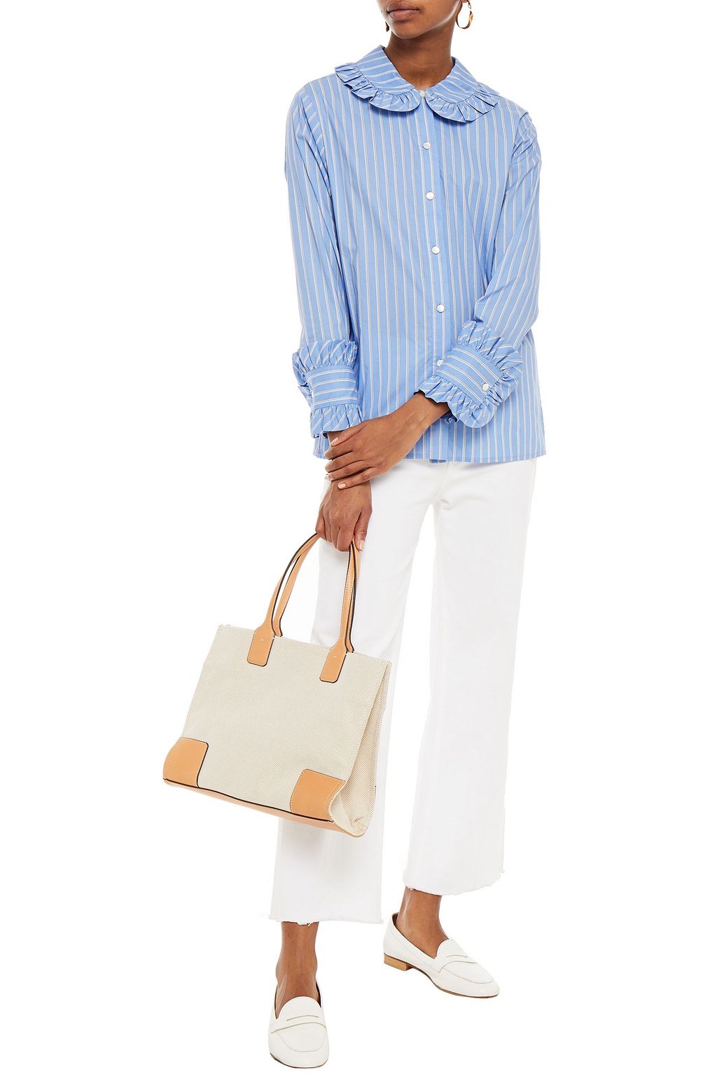 MAJE Ruffled striped cotton-poplin shirt