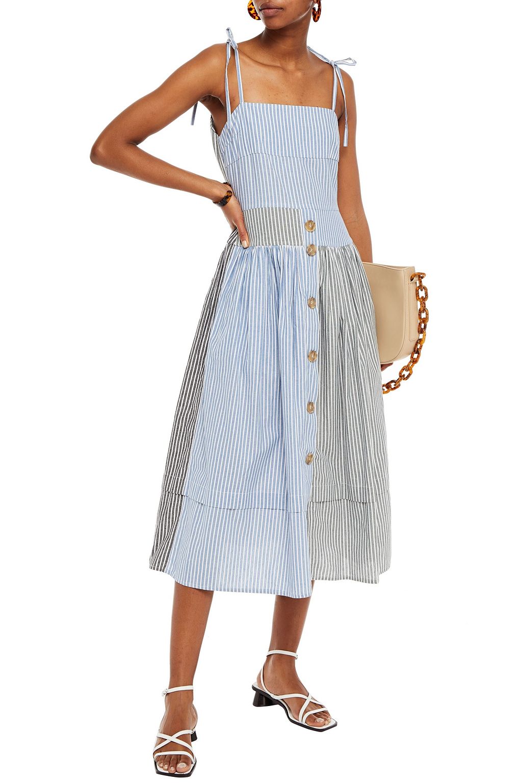 REJINA PYO Issy striped patchwork-effect cotton midi dress