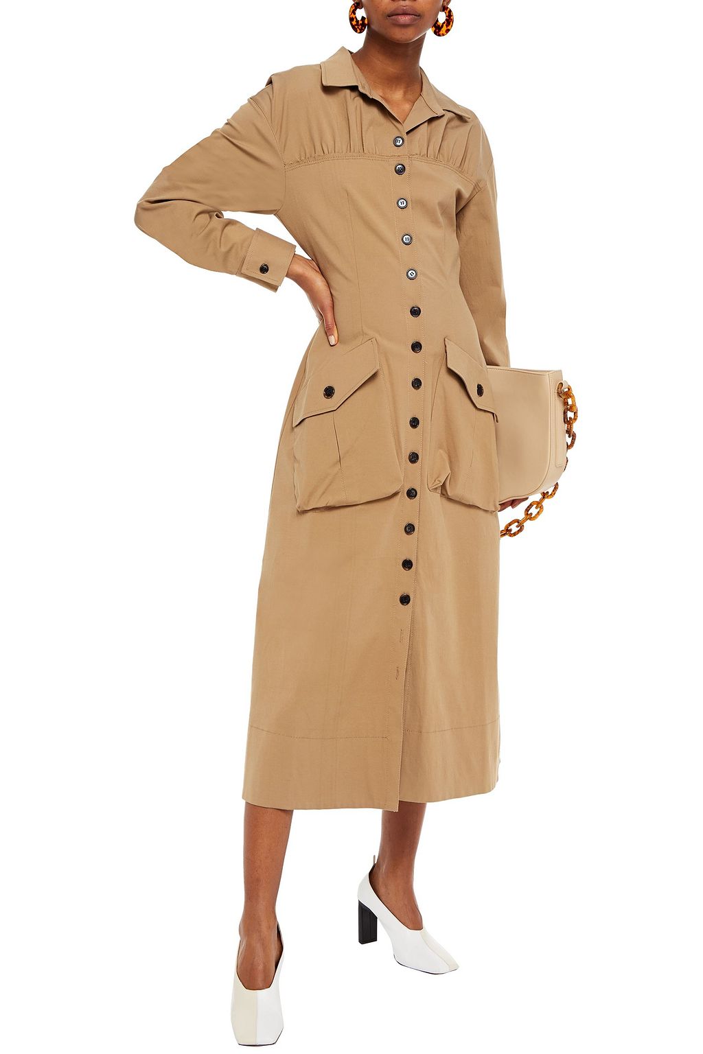 REJINA PYO Miller shirred woven midi shirt dress