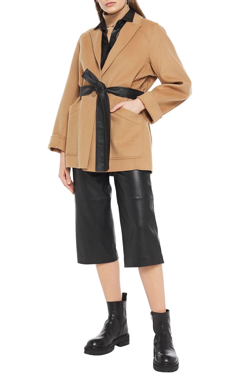 MAJE Belted wool-blend brushed-felt coat