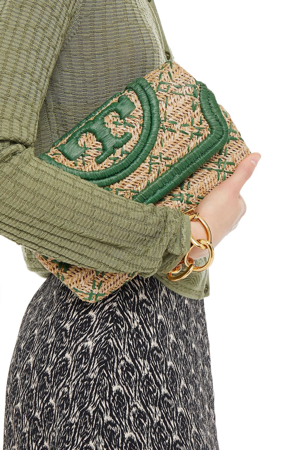 TORY BURCH Fleming embroidered raffia clutch