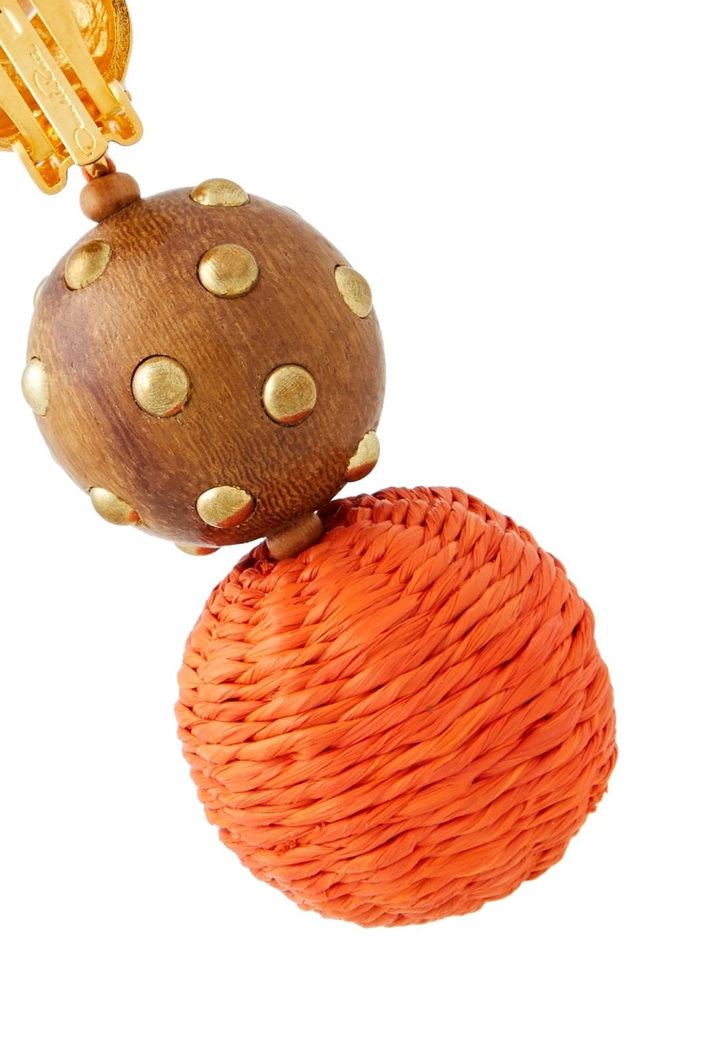 OSCAR DE LA RENTA Gold-tone, woven faux raffia and wood clip earrings