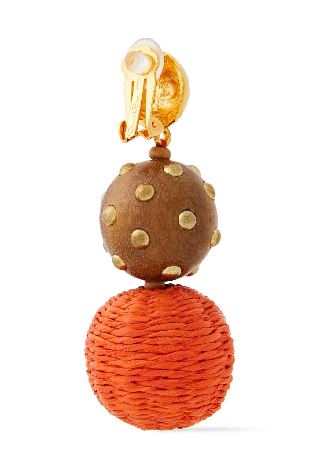 OSCAR DE LA RENTA Gold-tone, woven faux raffia and wood clip earrings