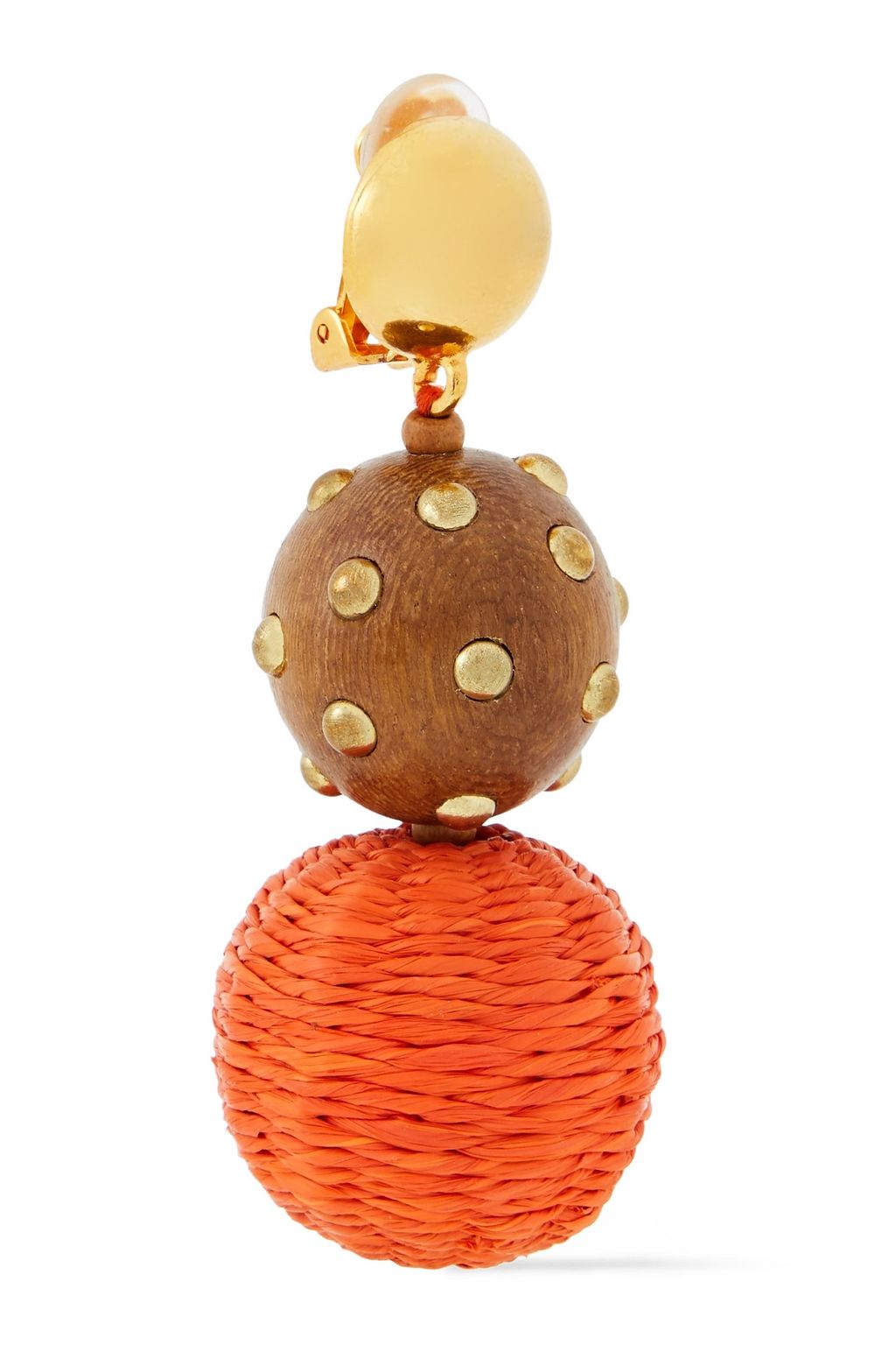 OSCAR DE LA RENTA Gold-tone, woven faux raffia and wood clip earrings