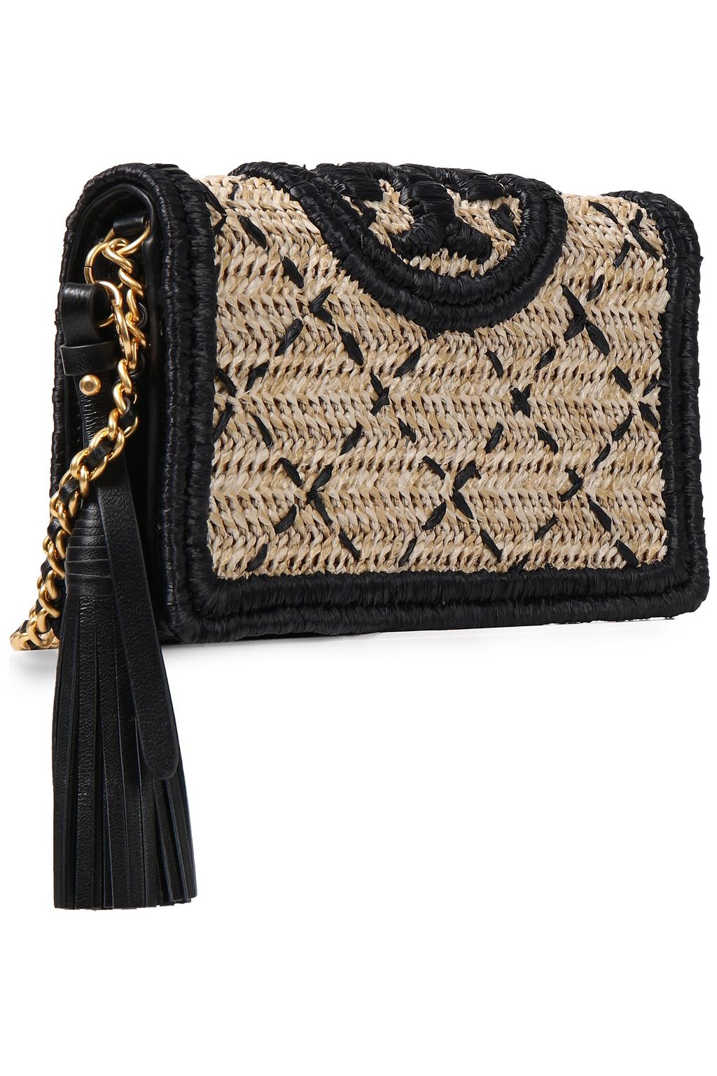 TORY BURCH Fleming tasseled embroidered raffia shoulder bag