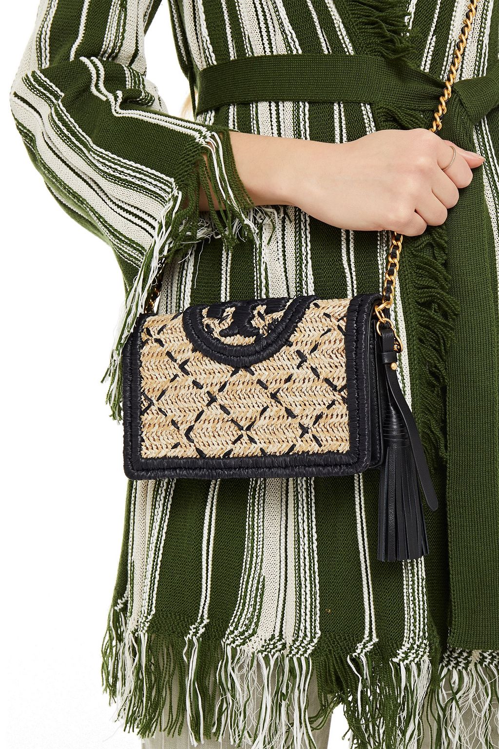TORY BURCH Fleming tasseled embroidered raffia shoulder bag