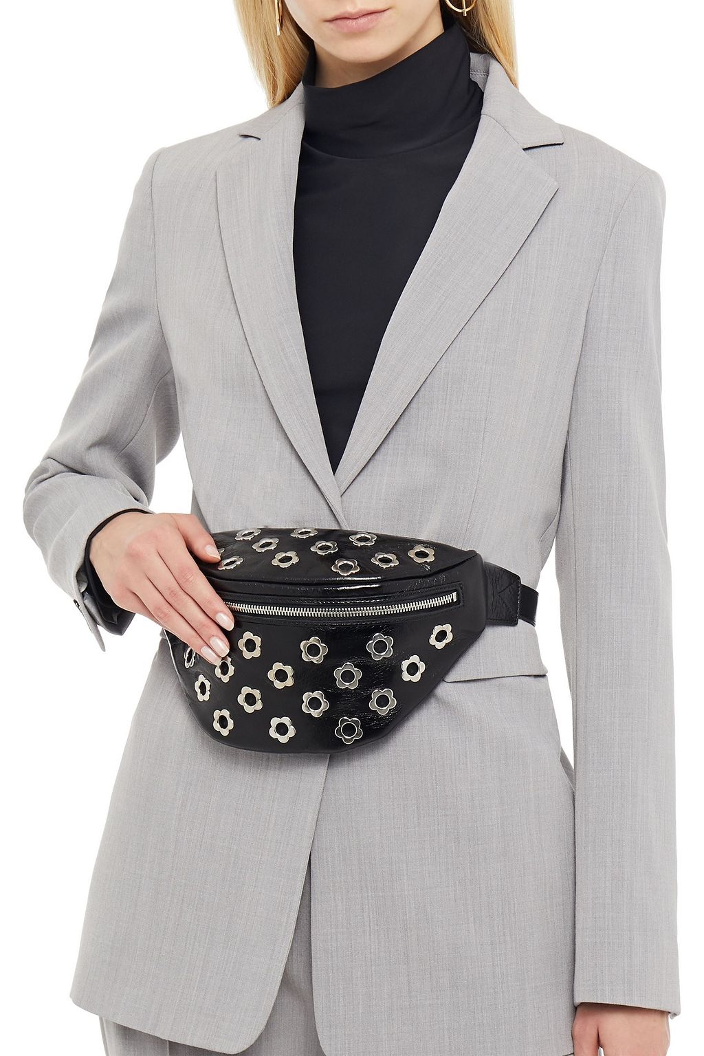 MCQ ALEXANDER MCQUEEN Eyelet-embellished textured patent-leather belt bag