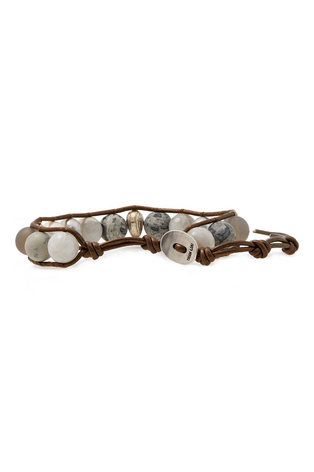 CHAN LUU 18-karat gold-plated sterling silver, leather and multi-stone wrap bracelet