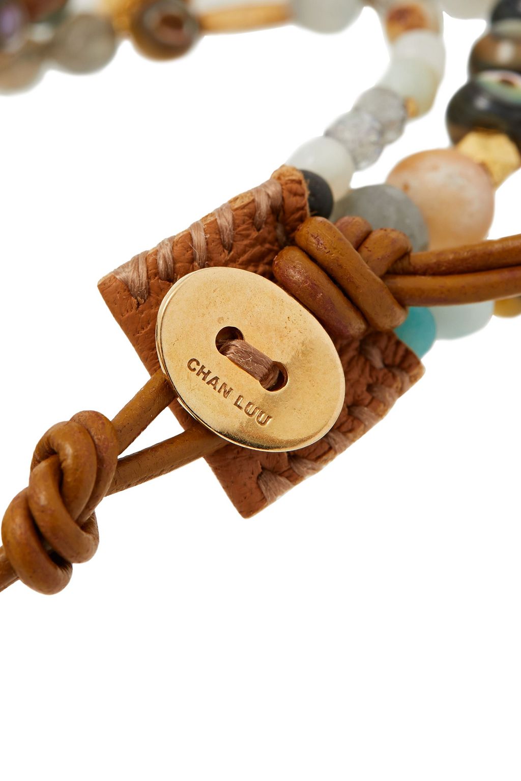 CHAN LUU 18-karat gold-plated sterling silver, leather and multi-stone wrap bracelet