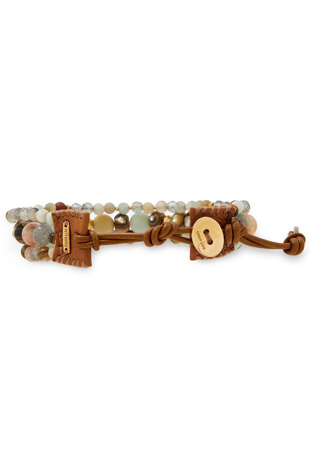 CHAN LUU 18-karat gold-plated sterling silver, leather and multi-stone wrap bracelet