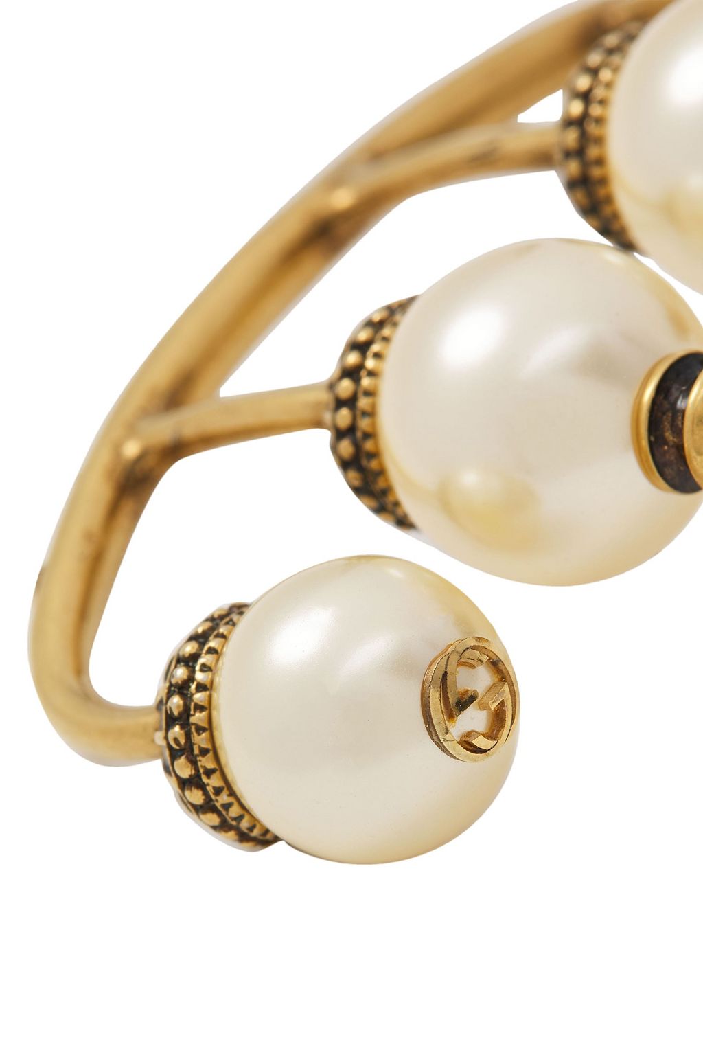 GUCCI Burnished gold-tone faux pearl five-finger ring
