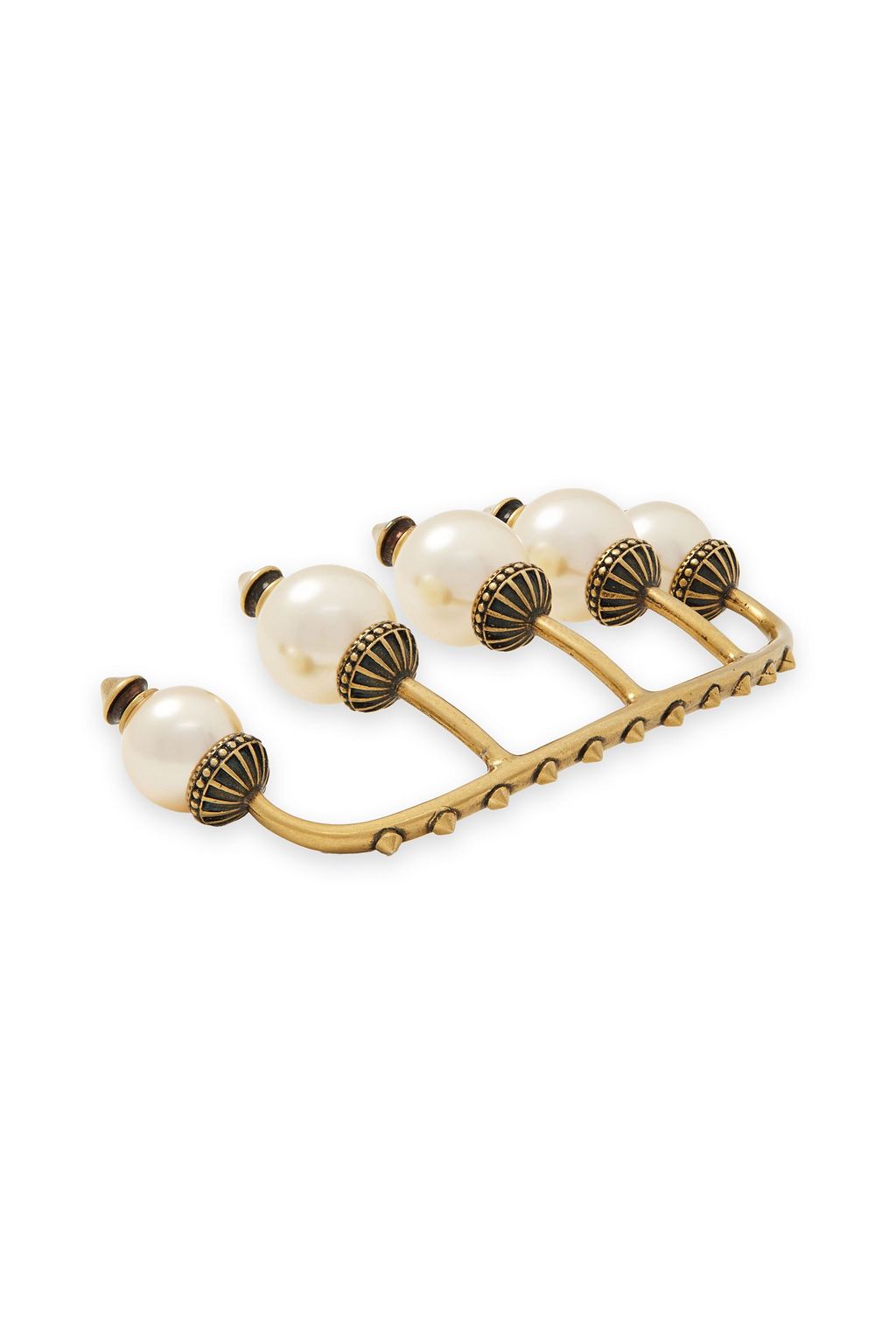 GUCCI Burnished gold-tone faux pearl five-finger ring