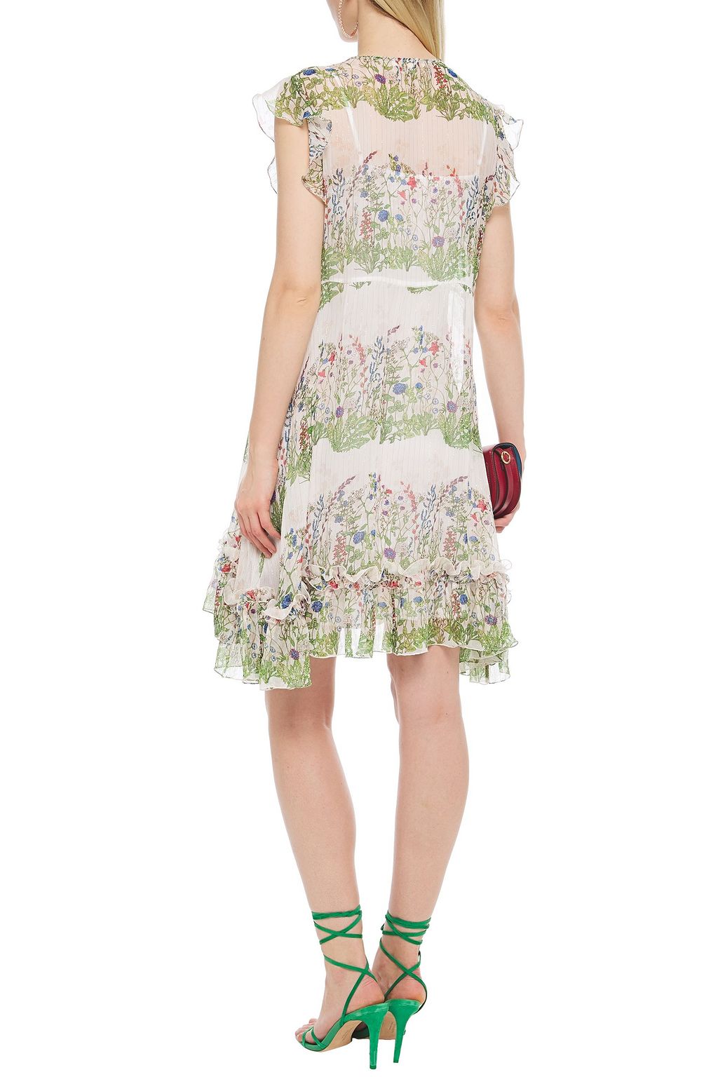 MAJE Ruffled metallic floral-print silk-blend crepon dress