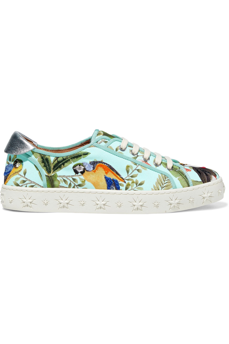 Aquazzura Woman + De Gournay Amazonia Metallic Leather-trimmed Embroidered Jacquard Sneakers Mint Size 36.5