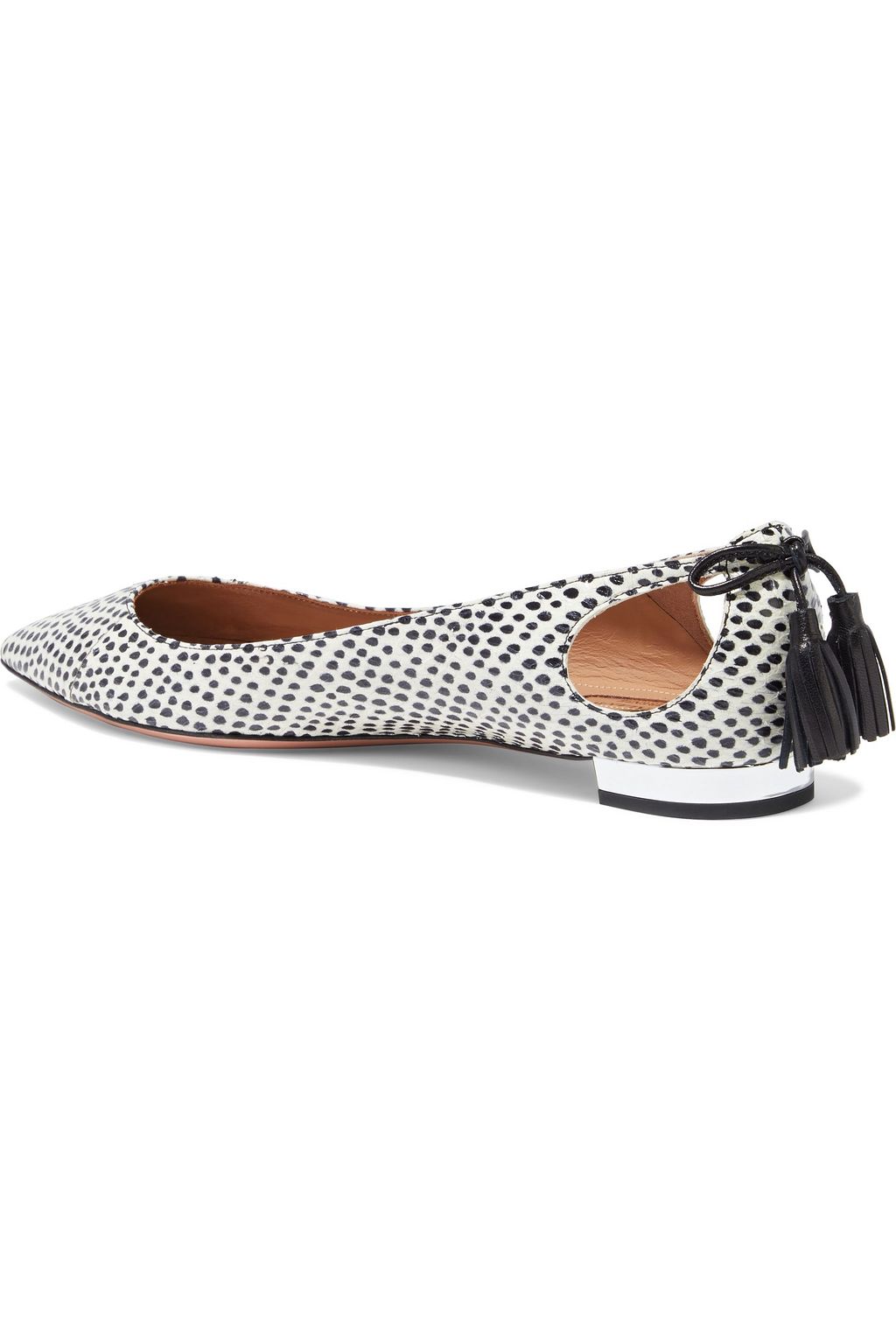 AQUAZZURA Forever Marilyn cutout tasseled printed elaphe point-toe flats