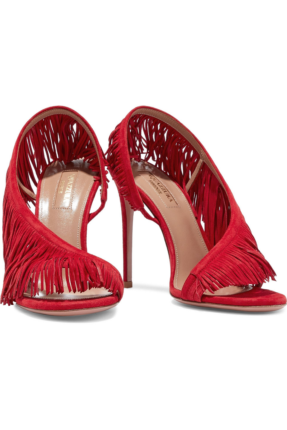 Click to view more detailed imagery on our partner's website Aquazzura Wild Fringe 105 Suede Sandals In Red