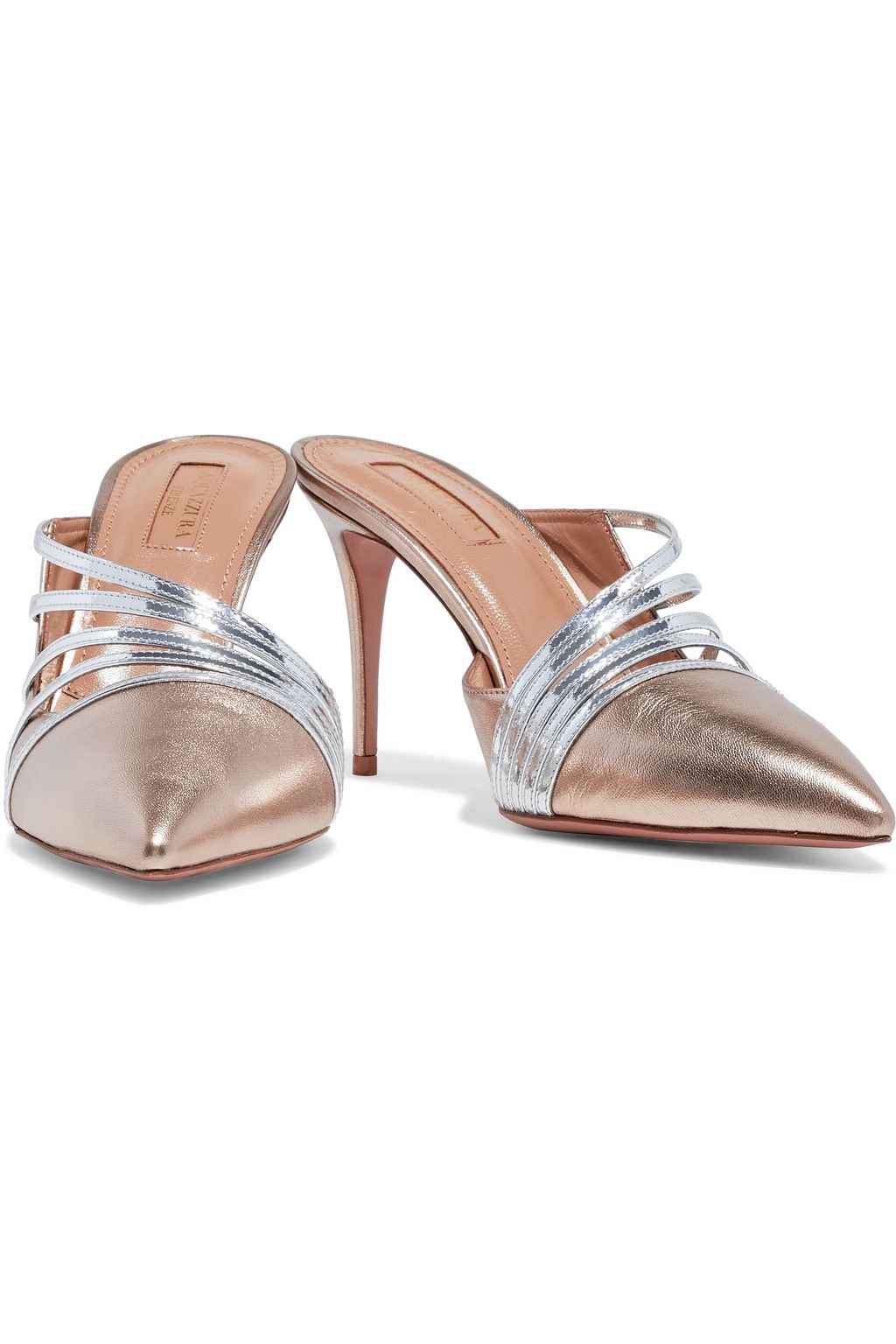 AQUAZZURA Minou 85 metallic and mirrored-leather mules