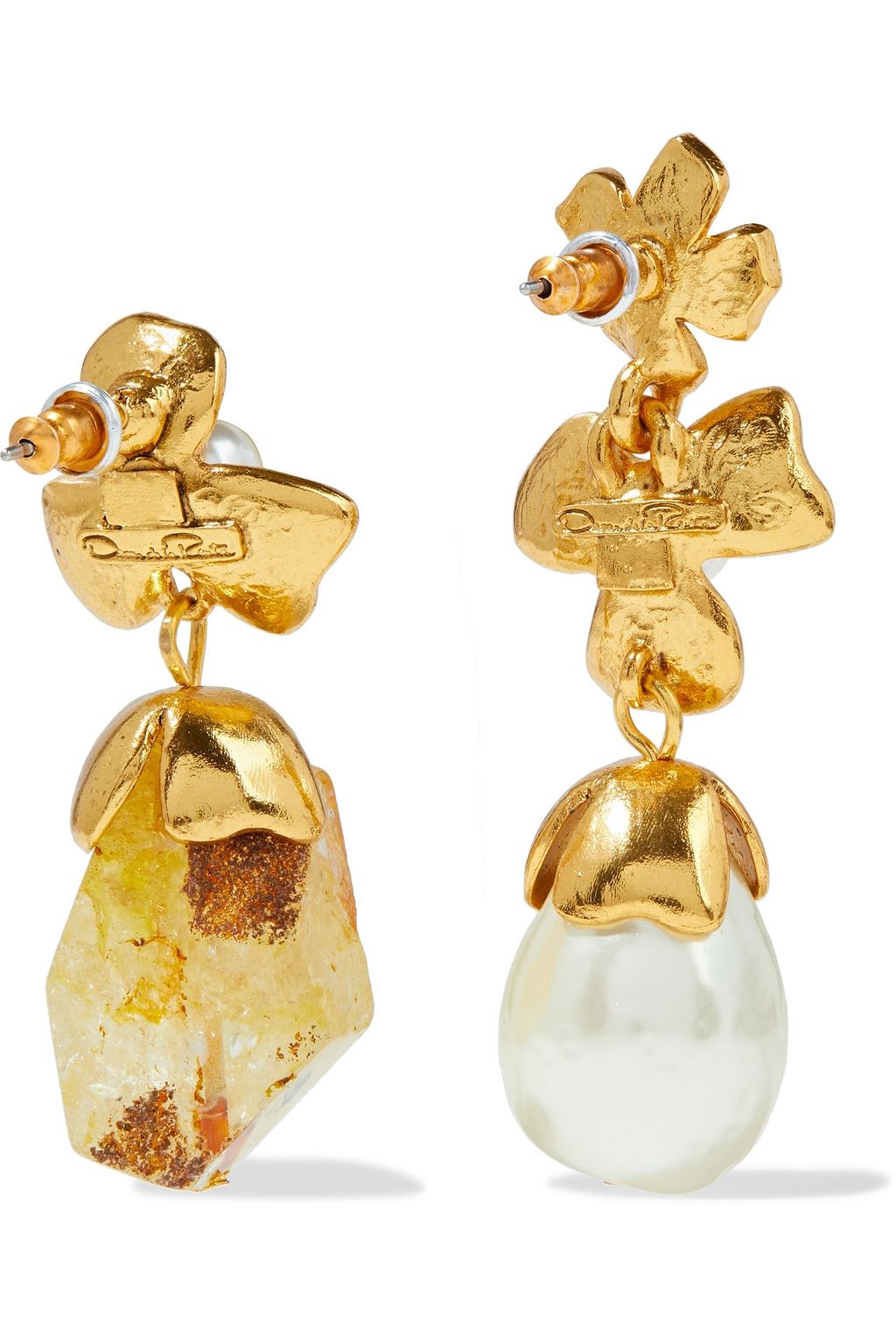 OSCAR DE LA RENTA Gold-tone, quartz and faux pearl earrings