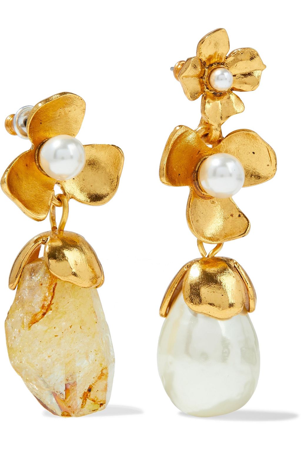 OSCAR DE LA RENTA Gold-tone, quartz and faux pearl earrings