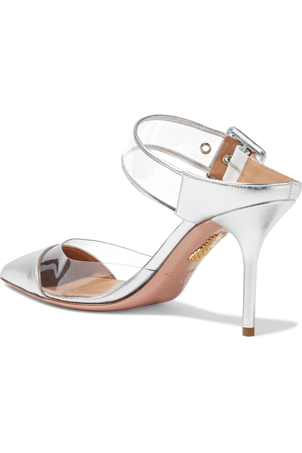 AQUAZZURA Optic 85 buckled metallic leather and PVC mules