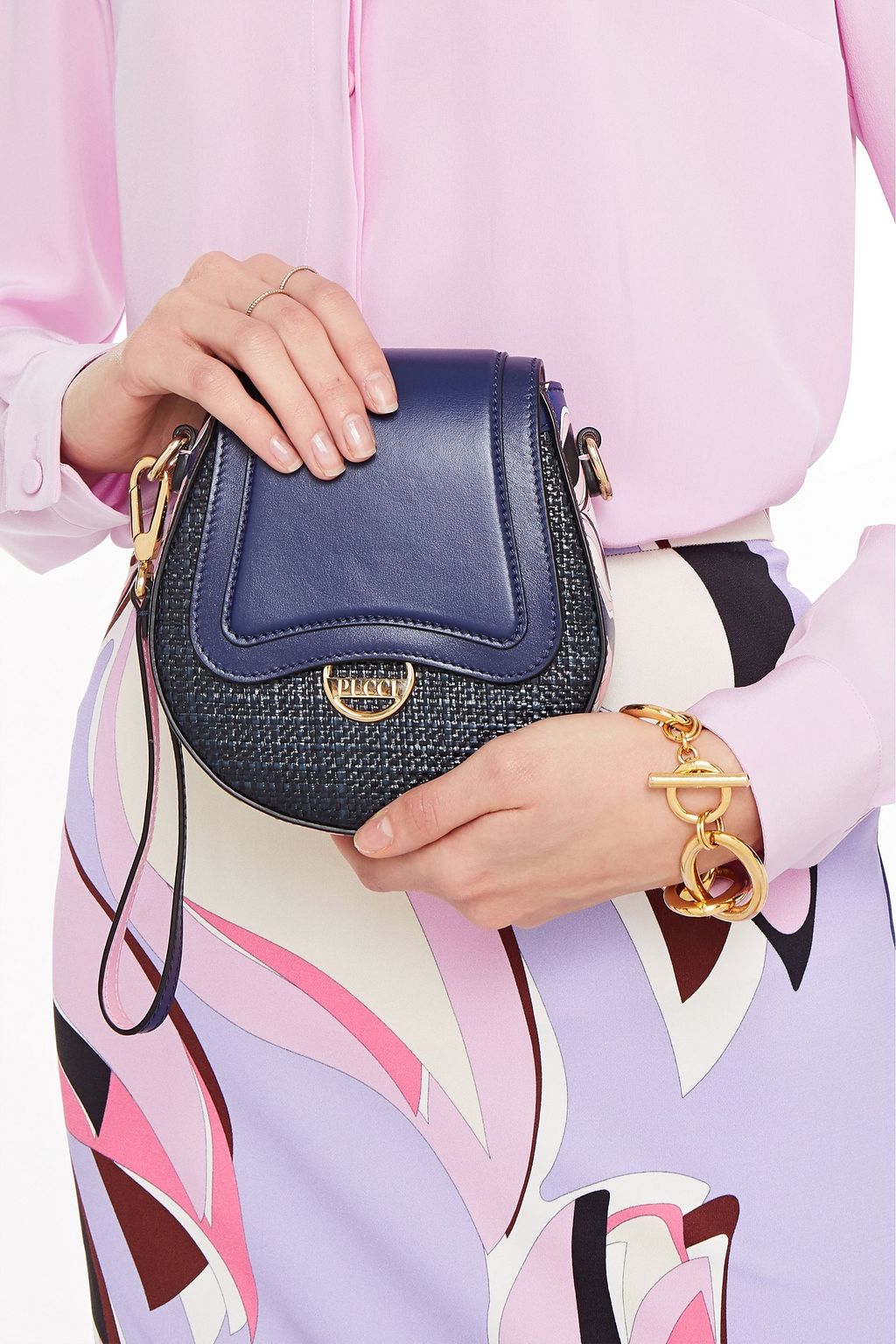PUCCI Dora mini printed leather and faux raffia shoulder bag