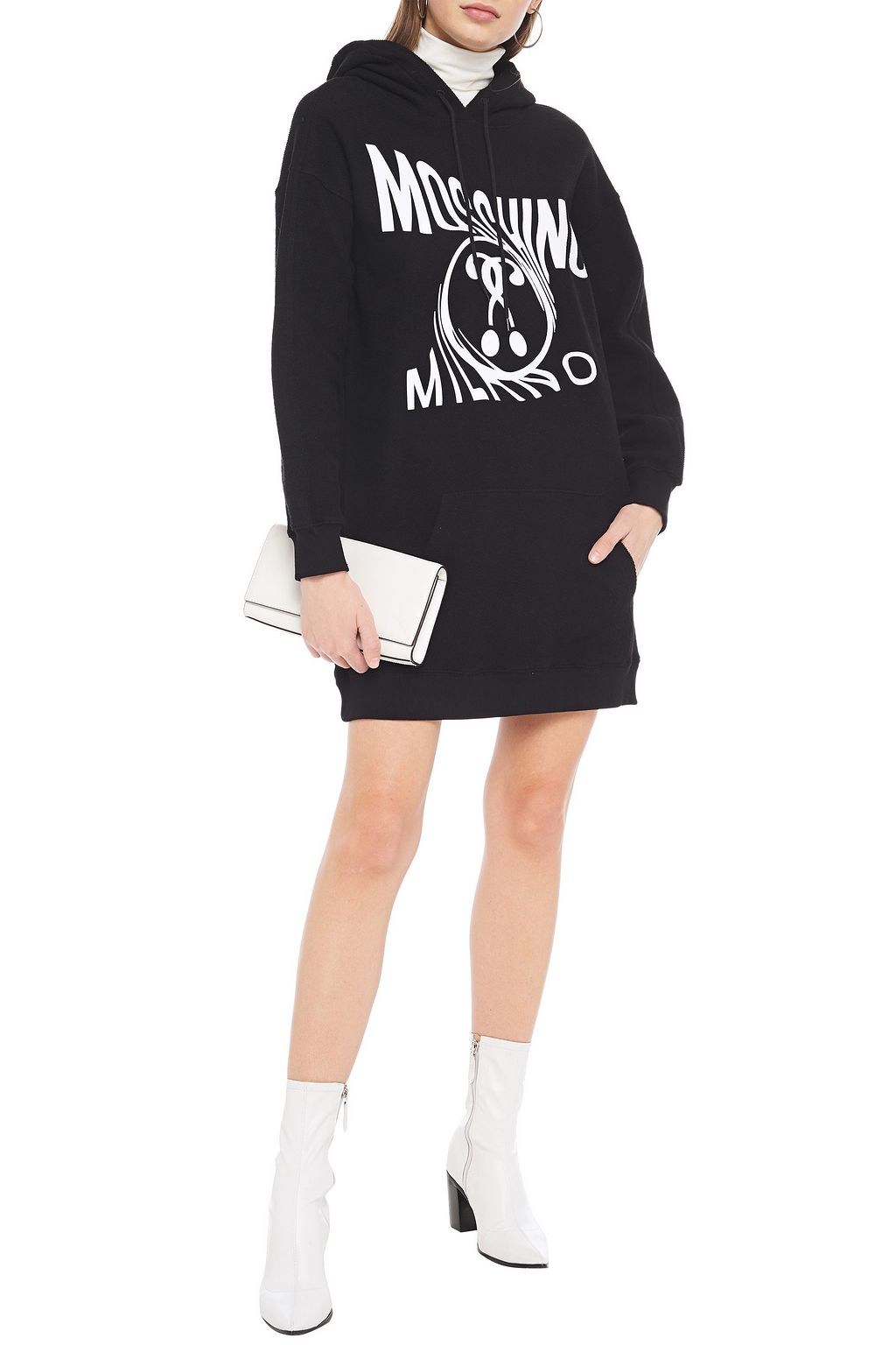 MOSCHINO Printed French cotton-blend terry hooded mini dress