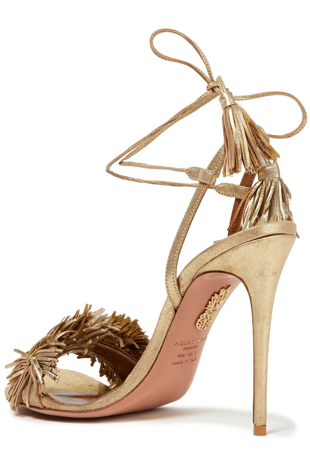 AQUAZZURA Wild Thing 105 fringed metallic suede sandals