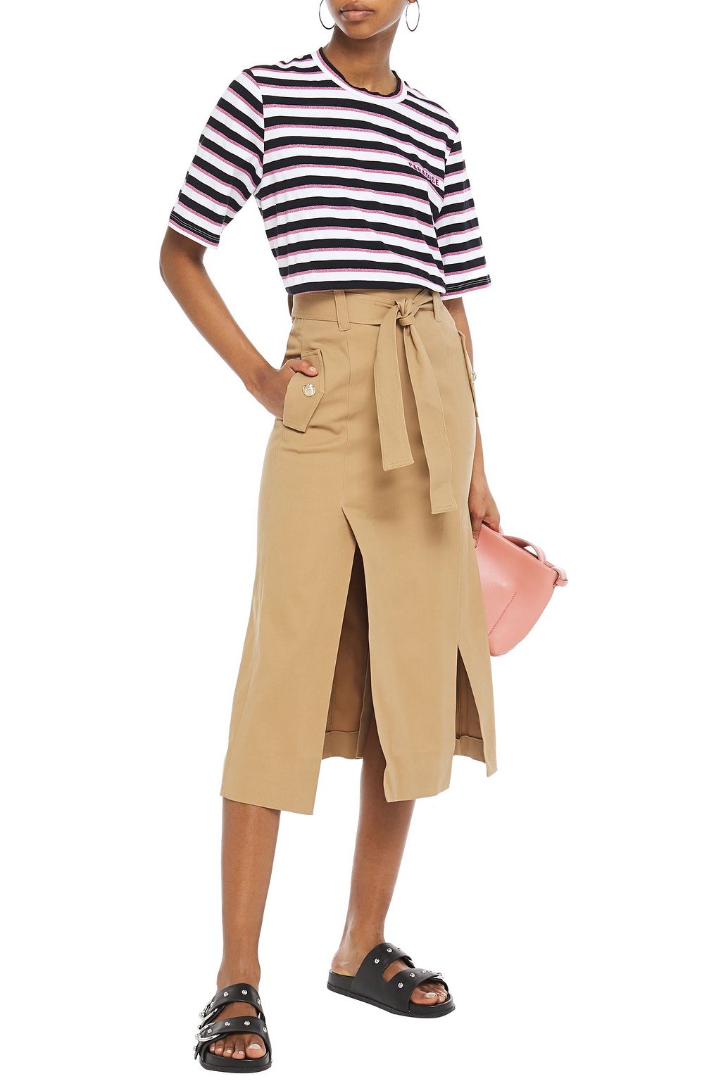 MAJE Embroidered metallic striped cotton-blend jersey T-shirt