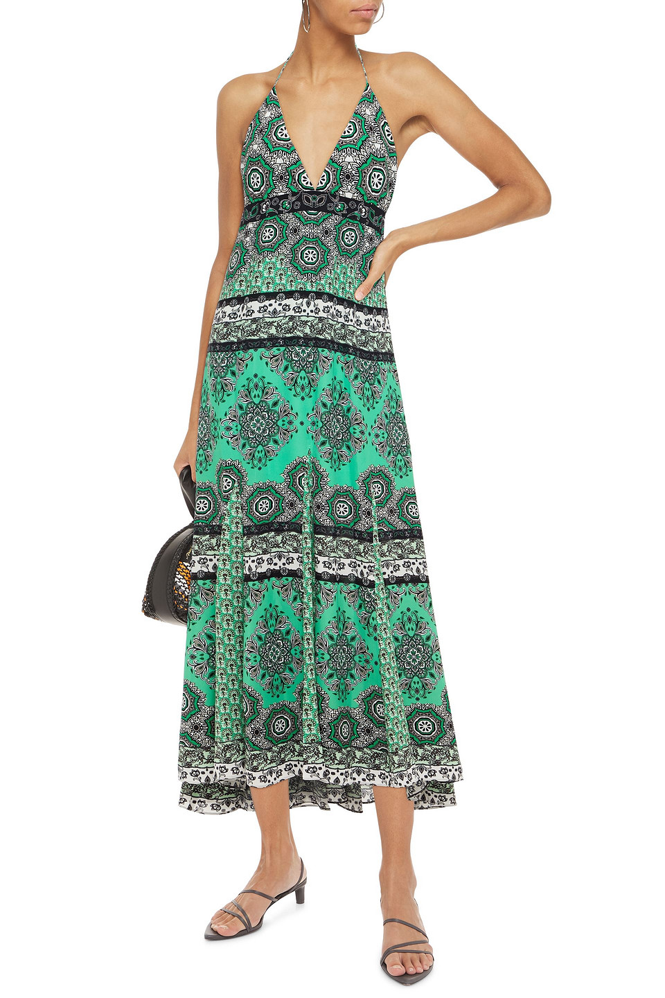 Alice And Olivia Printed Crepe De Chine Halterneck Midi Dress In Green